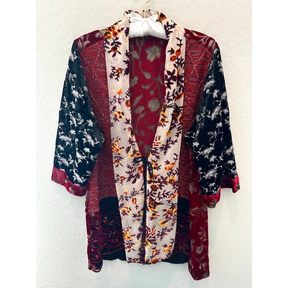 JOHN MARK | Burgundy Floral Boho Lace Burnout Velvet Kimono Cardigan | Medium - Picture 1 of 8